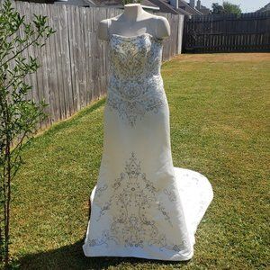 Cathedral Train Wedding Dress Beading Rhinestones Satin Strapless S 10 BY Mary